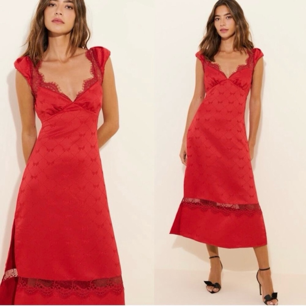 Free People Scarlet Red Lace-Trim Midi Slip Dress